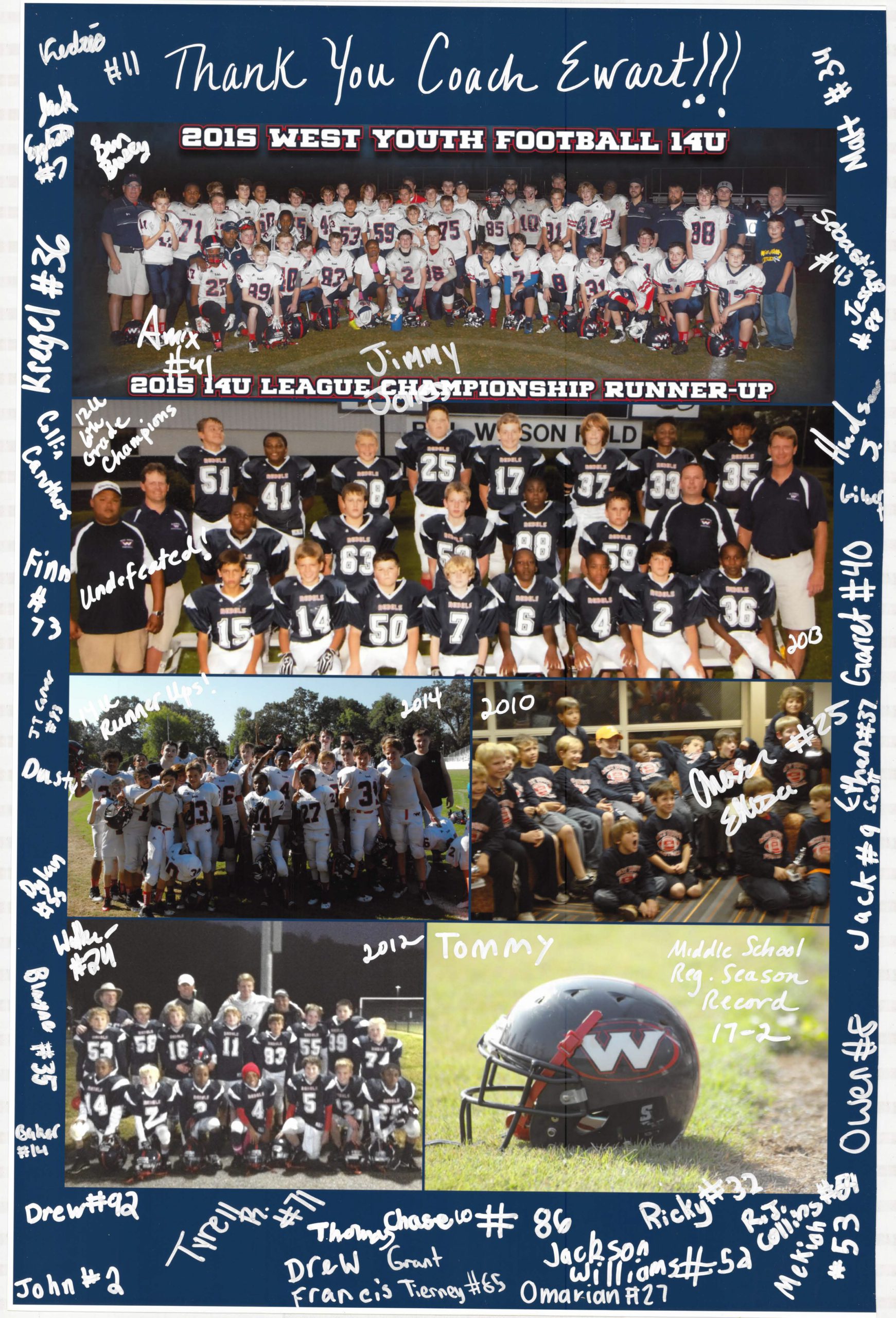 2015 West Youth Football team collage with players, coaches, and a football helmet, celebrating community engagement and youth sports achievements.