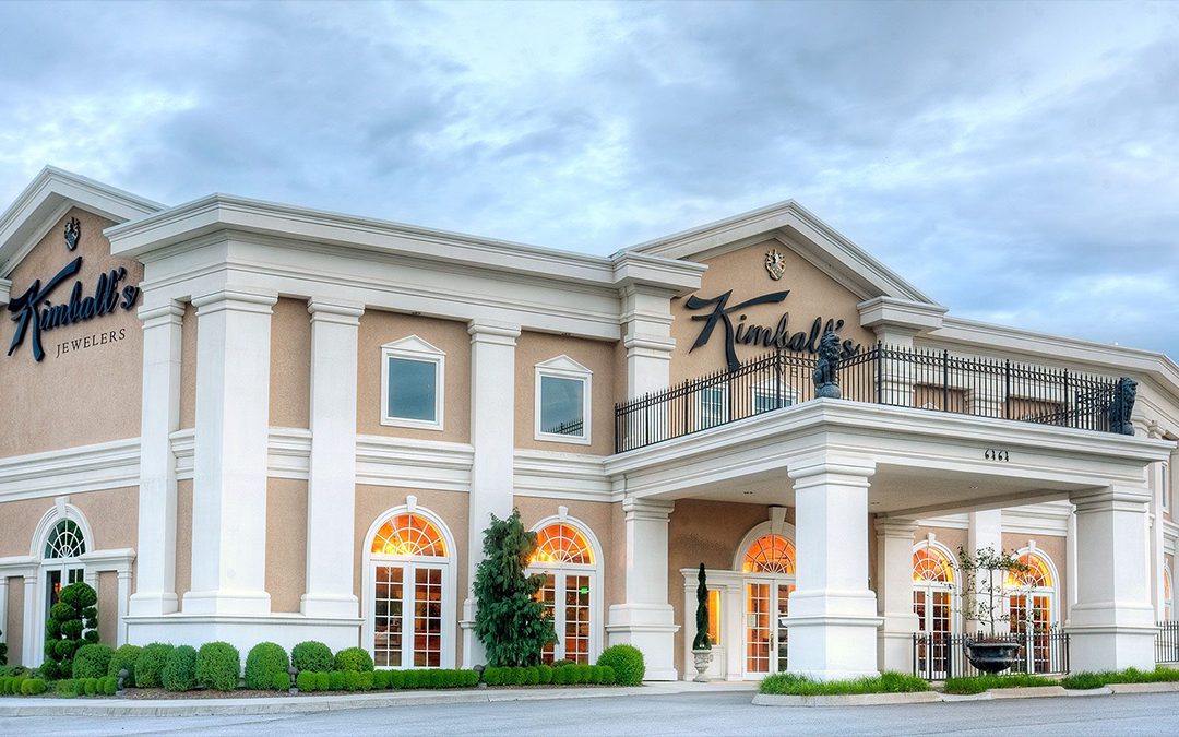 Kimball's Jewelers storefront designed and built by George Ewart, showcasing elegant architecture, large windows, and prominent signage in Knoxville, TN, highlighting local small businesses.