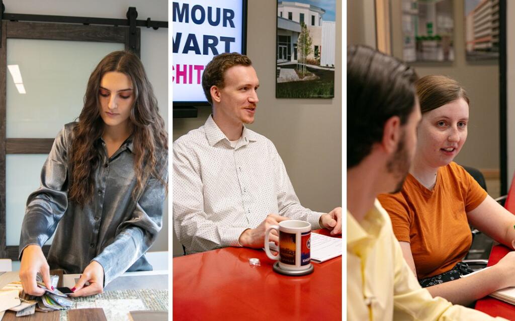 Team members collaborating on design concepts at GAE Architecture + Design, showcasing creativity and teamwork in a professional setting.