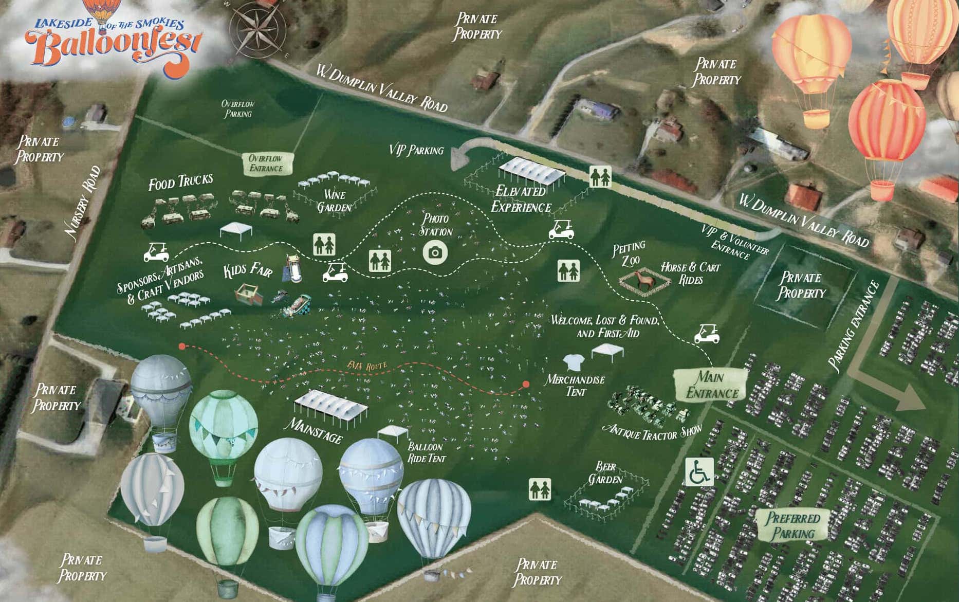Map of the Lakeside of the Smokies Balloonfest, detailing event layout with hot air balloons, food trucks, wine garden, kids fair, and main entrance, set against a backdrop of East Tennessee's fall landscape.