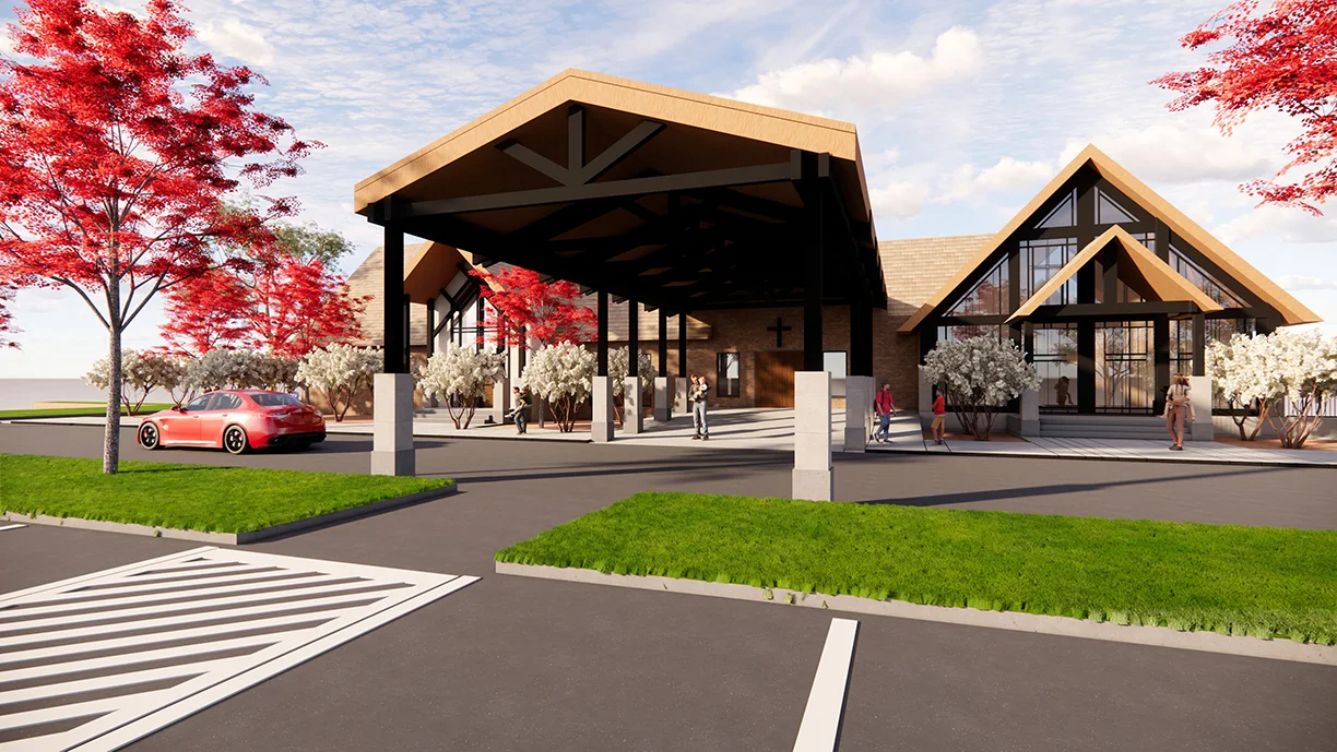 New Family Life Center at St. Joseph the Worker Catholic Church featuring modern architecture, covered drop-off area, landscaped surroundings, and parishioners engaging in community activities, designed and built by George Ewart, a top commercial architect firm in Knoxville, TN.