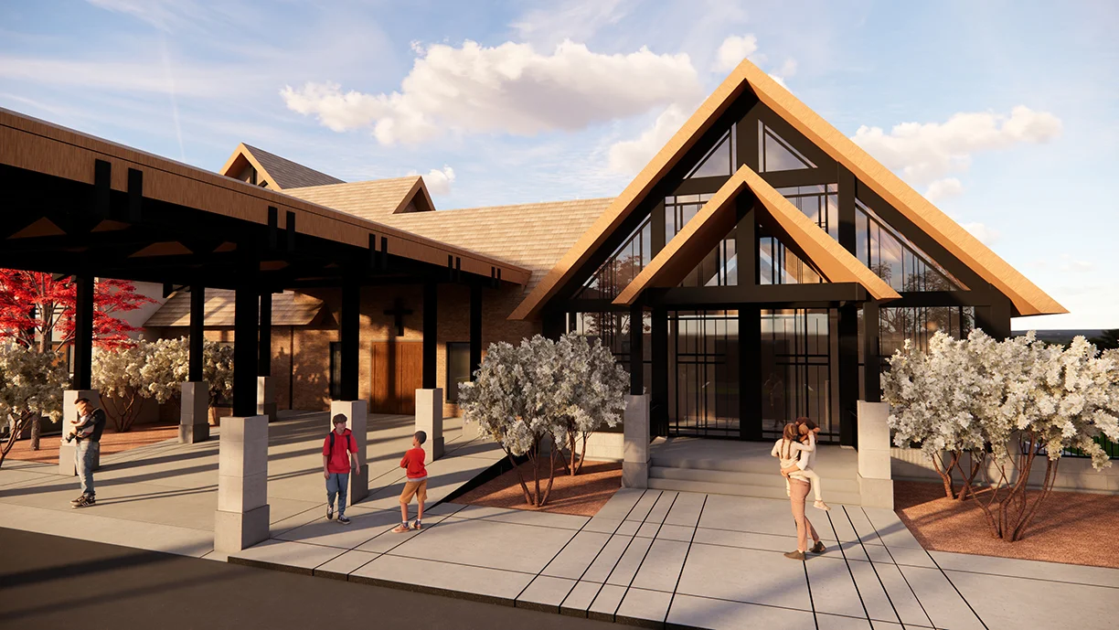 New Family Life Center at St. Joseph the Worker Catholic Church in Madisonville, Tennessee, featuring modern architectural design, outdoor gathering space, and landscaped surroundings, designed and built by George Ewart, a top commercial architect firm in Knoxville, TN.