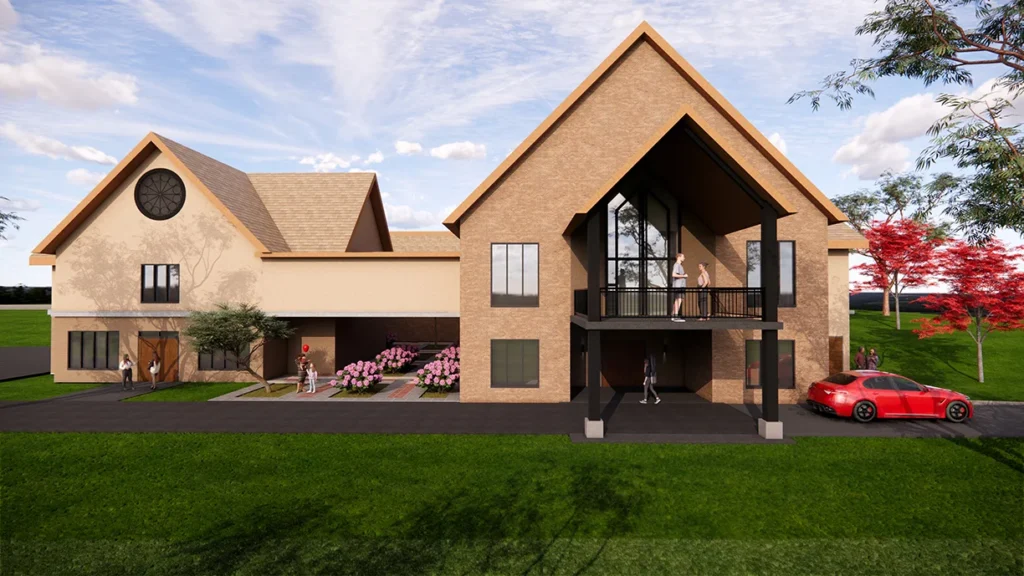 New Family Life Center at St. Joseph the Worker Catholic Church, featuring modern architecture, a covered drop-off area, and landscaped surroundings, designed and built by George Ewart, a top commercial architect firm in Knoxville, TN.
