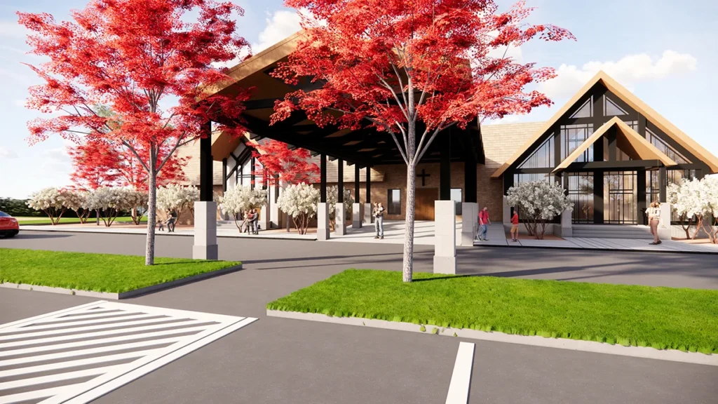 New Family Life Center at St. Joseph the Worker Catholic Church, featuring modern architecture, red trees, and community gathering spaces, designed and built by George Ewart, a top commercial architect firm in Knoxville, TN.