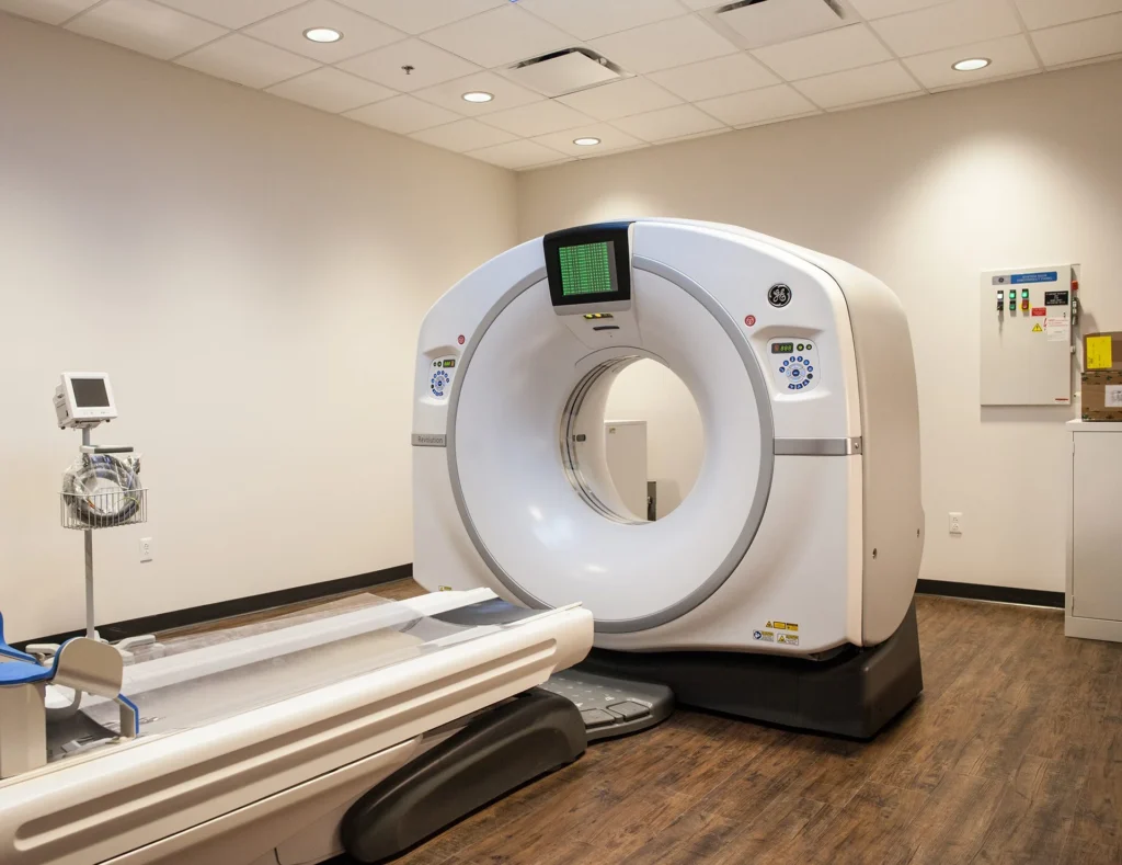 CT scanner in a modern imaging room at CHRISTUS Health St. Mary’s Outpatient Center, featuring a sleek design and advanced technology for diagnostic imaging services.