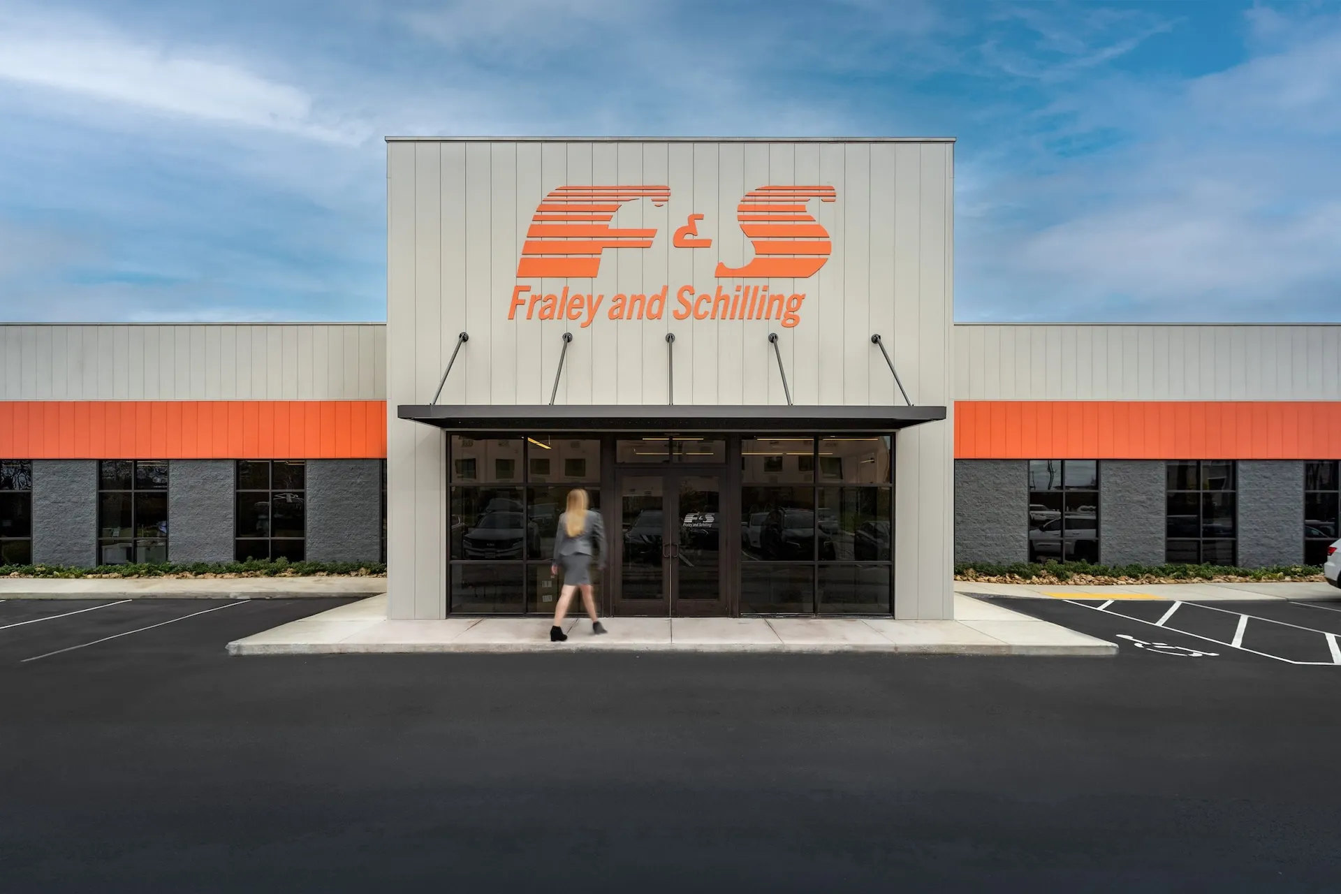 Fraley & Schilling corporate office entrance featuring modern architecture and prominent logo, designed and built by George Ewart, a top commercial architect firm in Knoxville, TN.