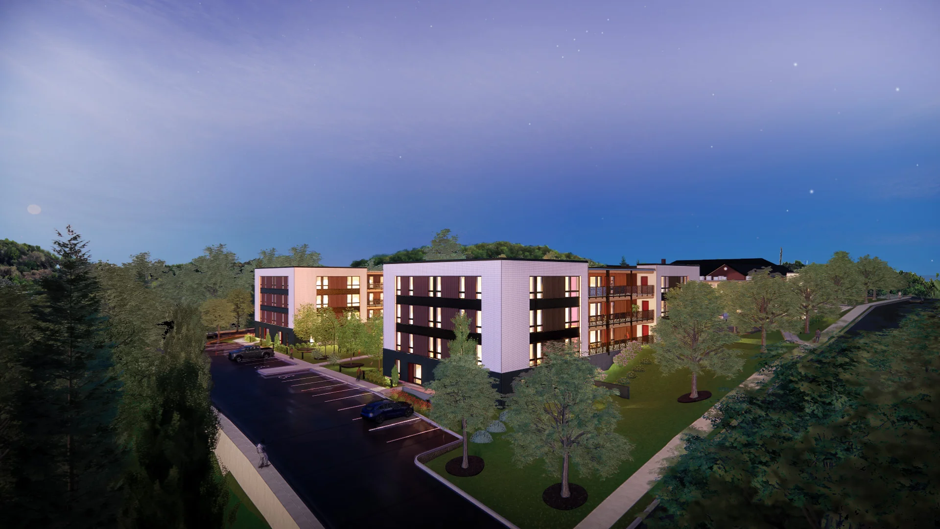 Rendering of Historic Giffin Square, an adaptive-reuse project in South Knoxville, featuring modern residential buildings integrated with green spaces and parking, designed and built by George Ewart, a top commercial architect firm in Knoxville, TN.