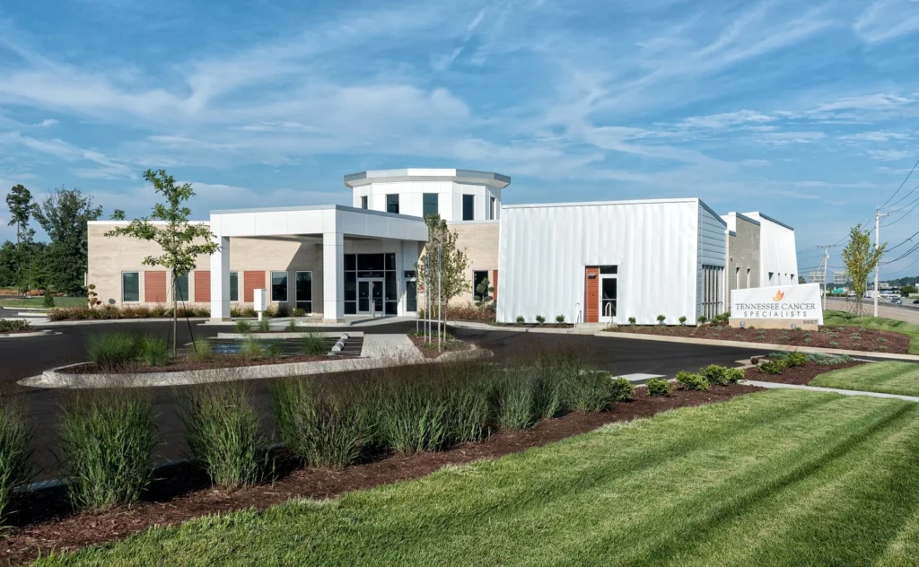 Modern healthcare facility exterior featuring Tennessee Cancer Specialists, designed and built by George Ewart, a top commercial architect firm in Knoxville, TN.